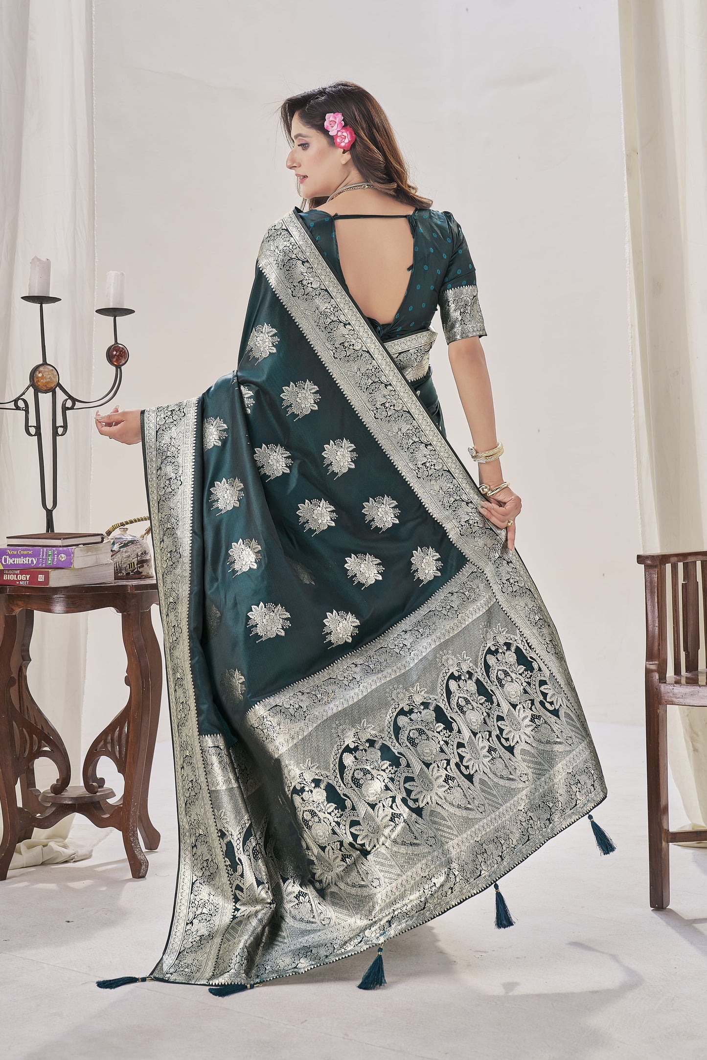 Rama Green Woven Satin Silk Saree
