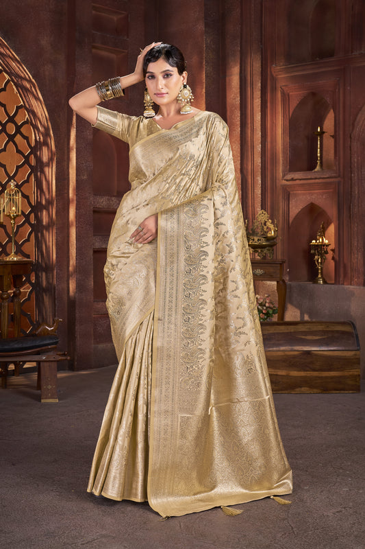 Regal Gold Satin Silk Saree with Antique Zari Weave