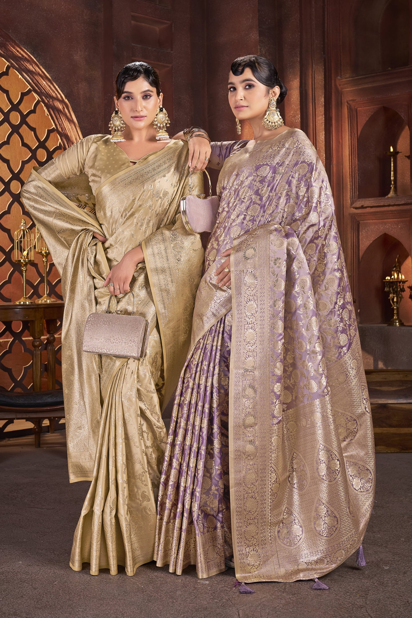 Regal Gold Satin Silk Saree with Antique Zari Weave