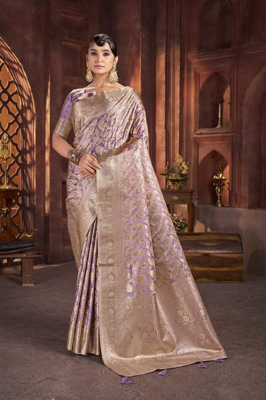 Lavender Gold Satin Silk Saree with Antique Zari