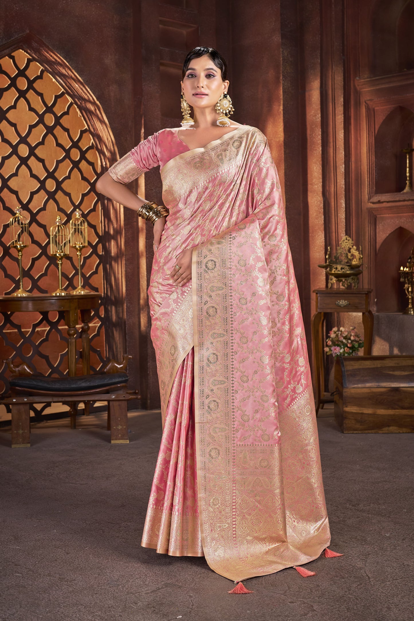 Blush Peach Pink Satin Silk Saree with Antique Zari