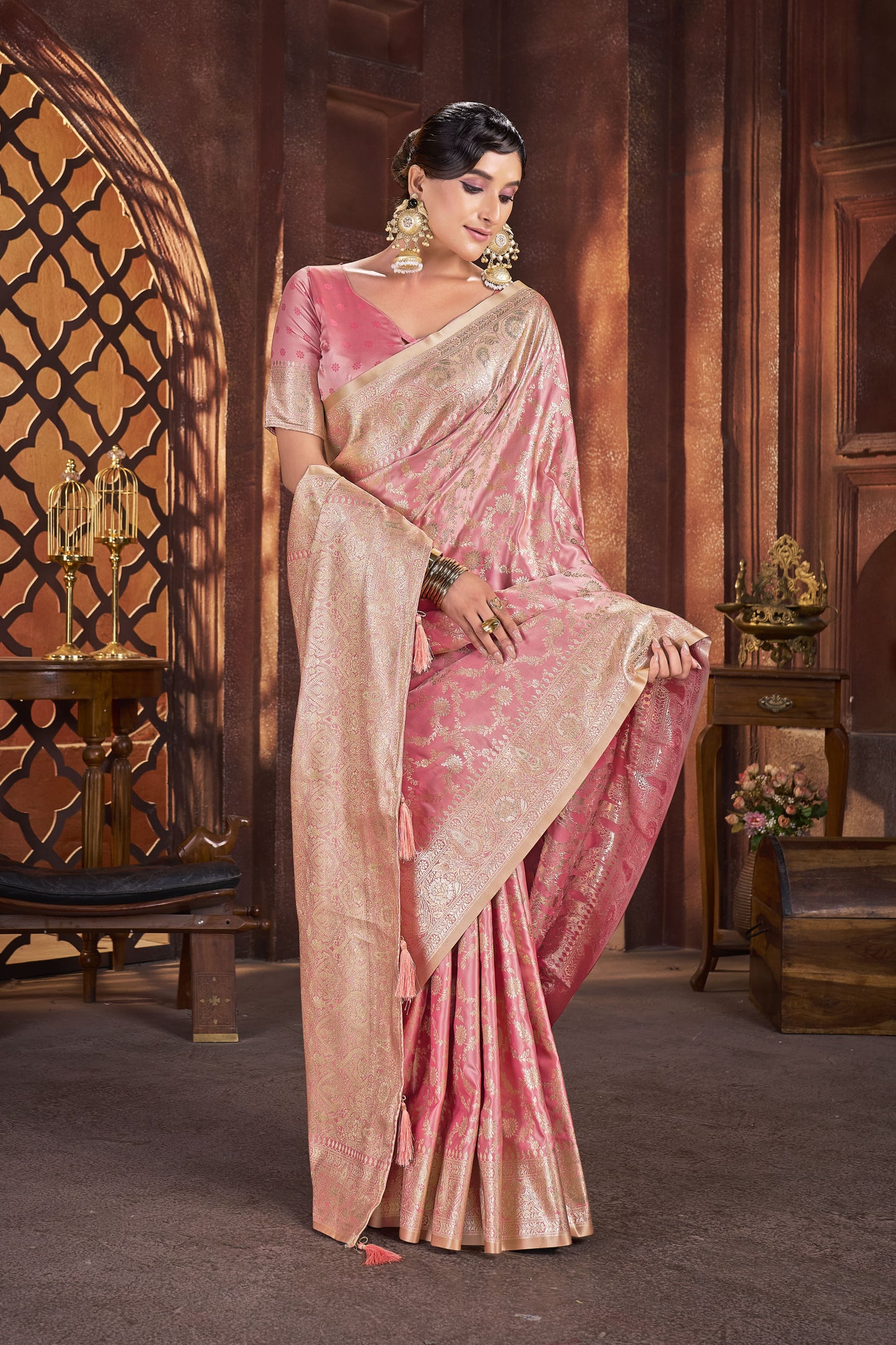 Blush Peach Pink Satin Silk Saree with Antique Zari