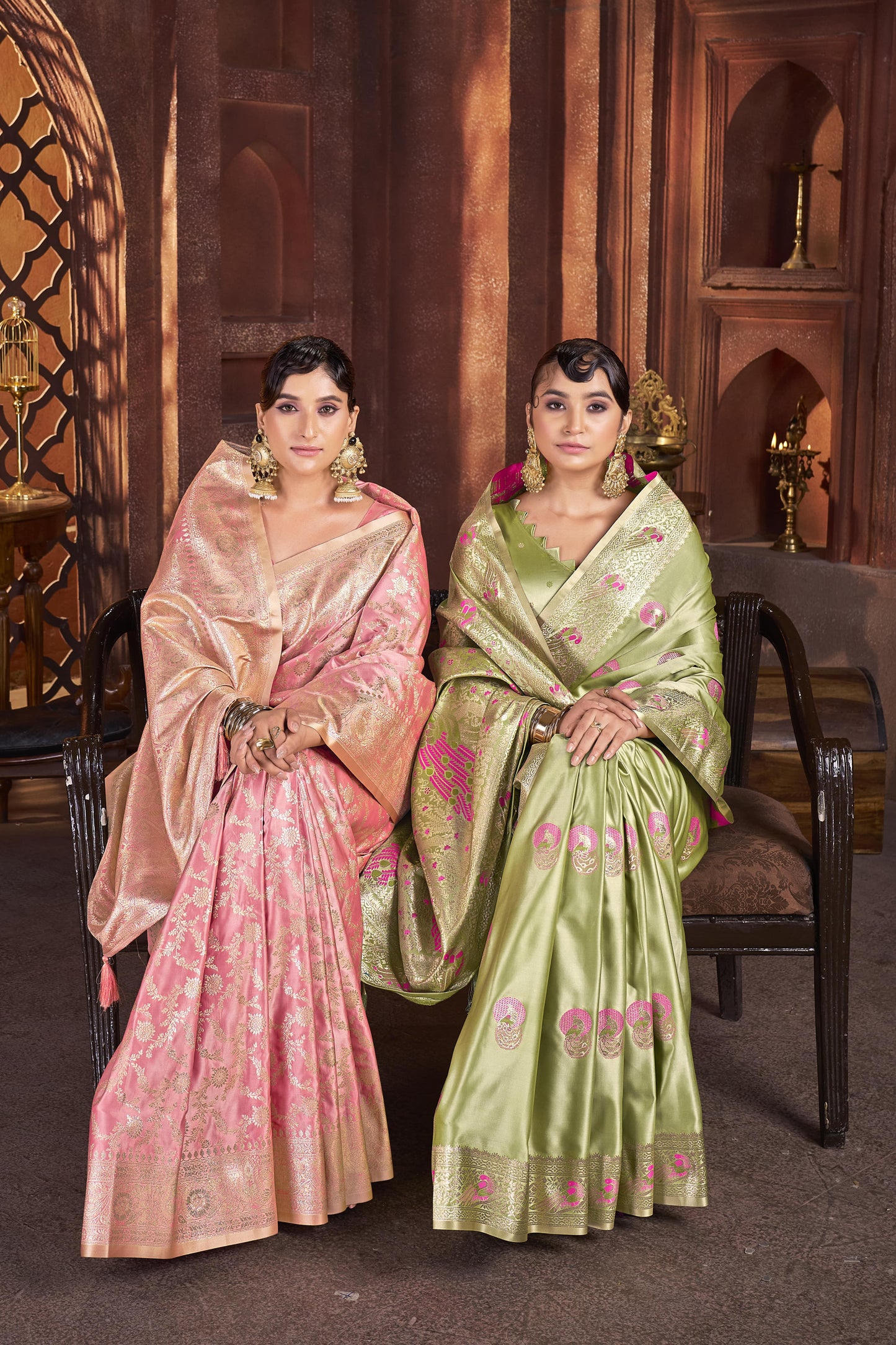 Blush Peach Pink Satin Silk Saree with Antique Zari