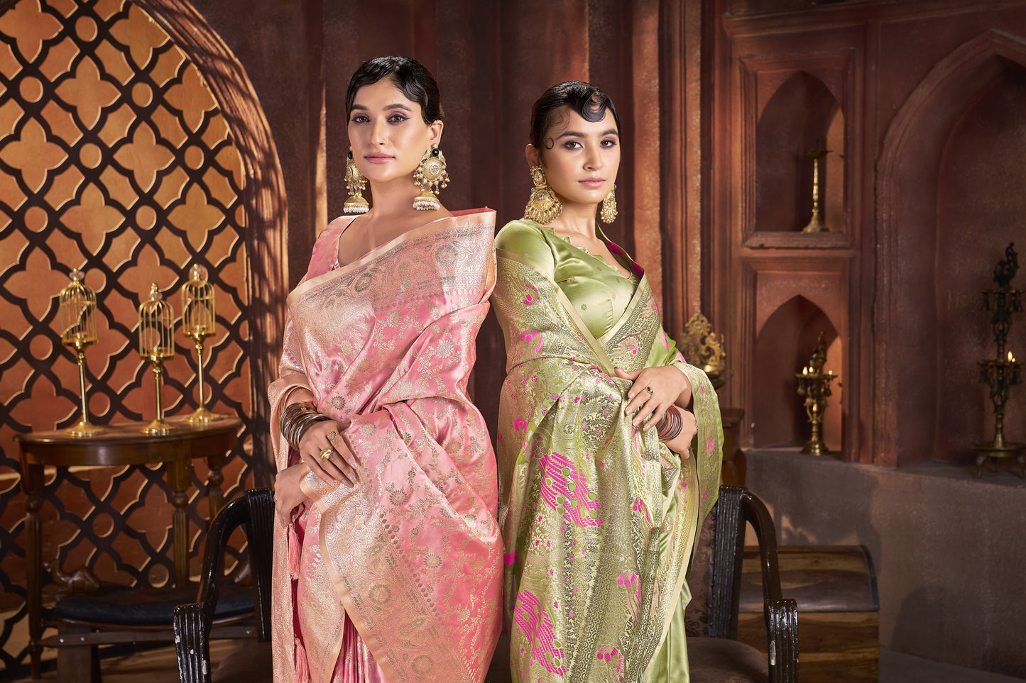 Parrot Green Satin Silk Saree with Pink Peacock Zari Work