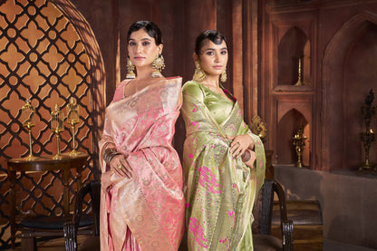 Parrot Green Satin Silk Saree with Pink Peacock Zari Work
