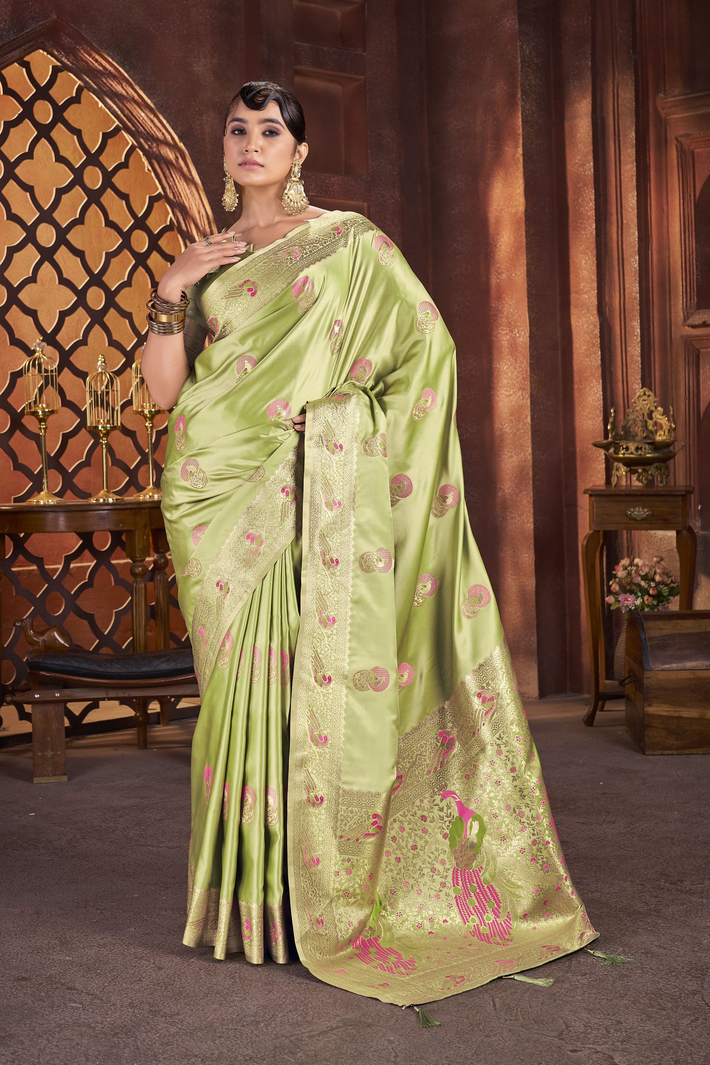Parrot Green Satin Silk Saree with Pink Peacock Zari Work