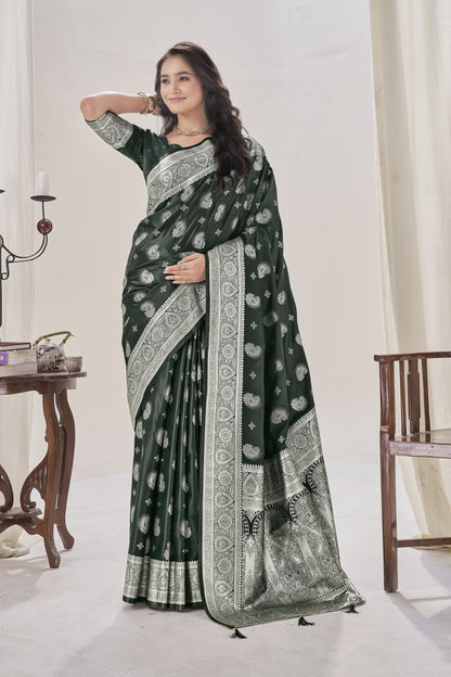 Deep Green Woven Satin Silk Saree