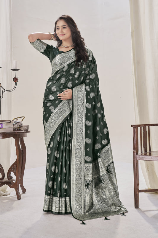 Deep Green Woven Satin Silk Saree