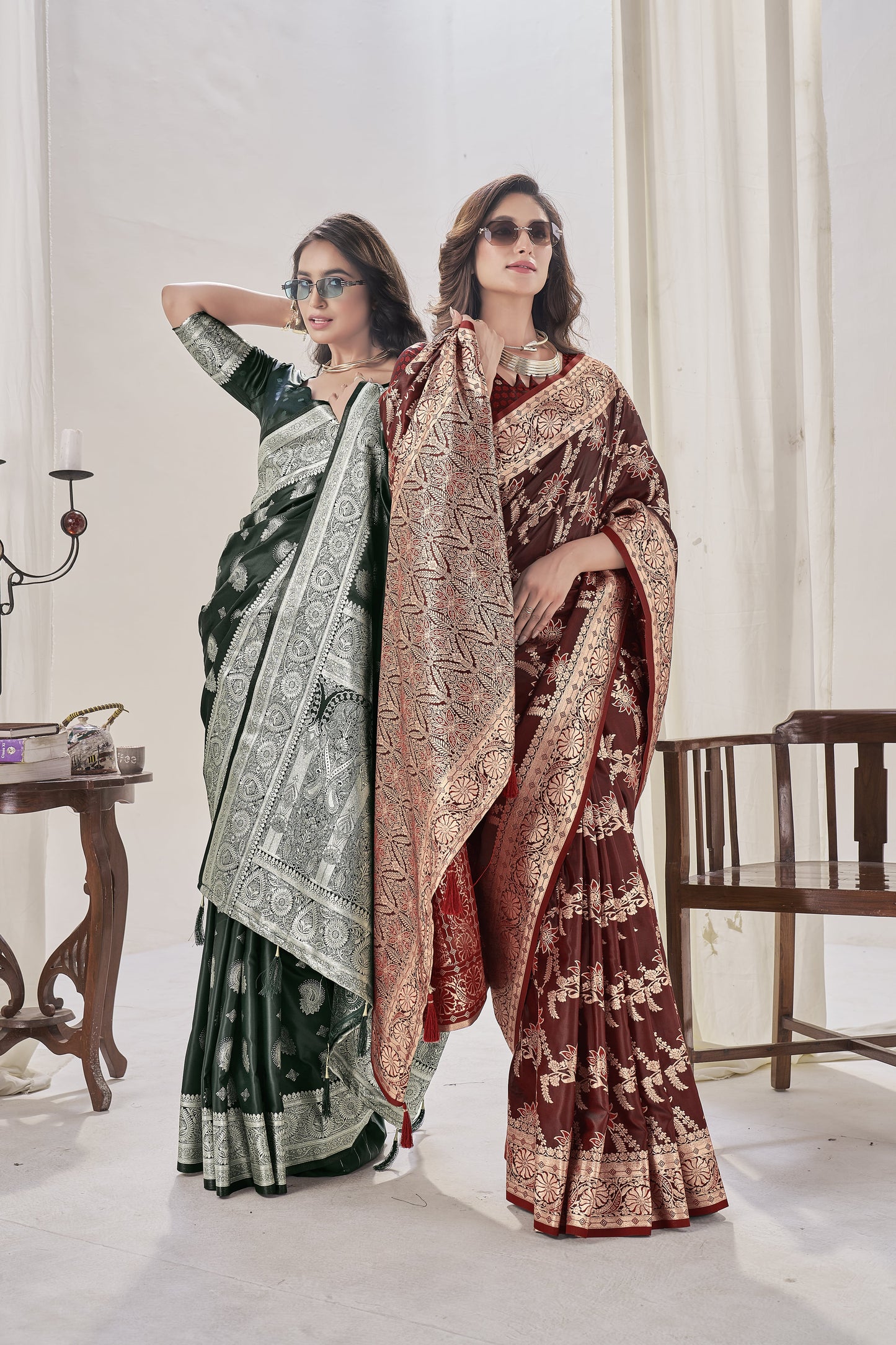 Deep Green Woven Satin Silk Saree