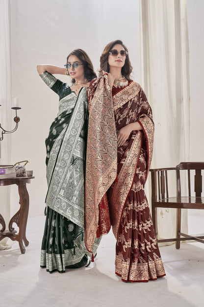 Deep Green Woven Satin Silk Saree