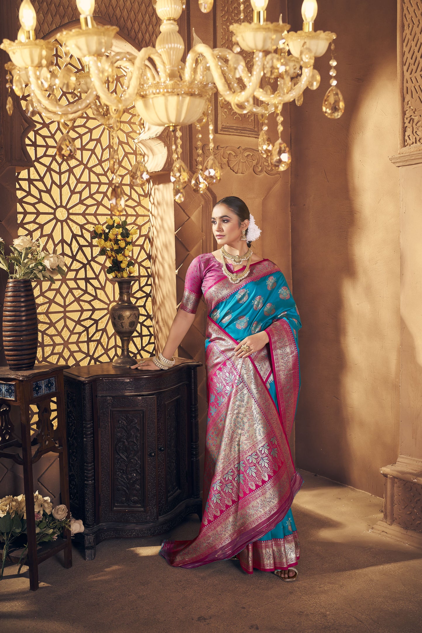 Teal Blue & Rani Pink Banarasi Silk Saree