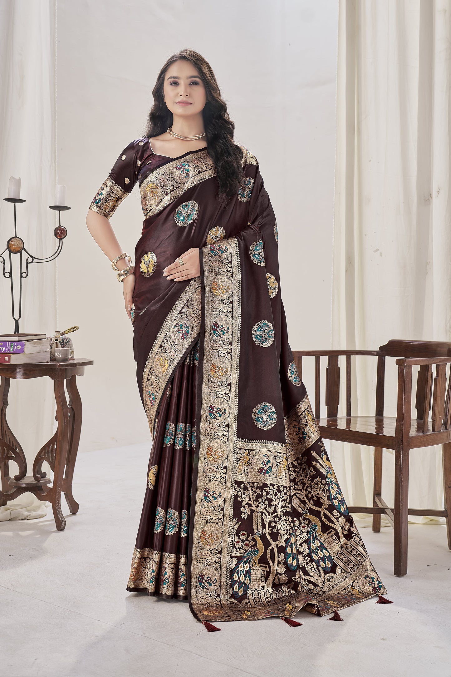 Maroon Satin Silk Saree with Multicolor Meenakari