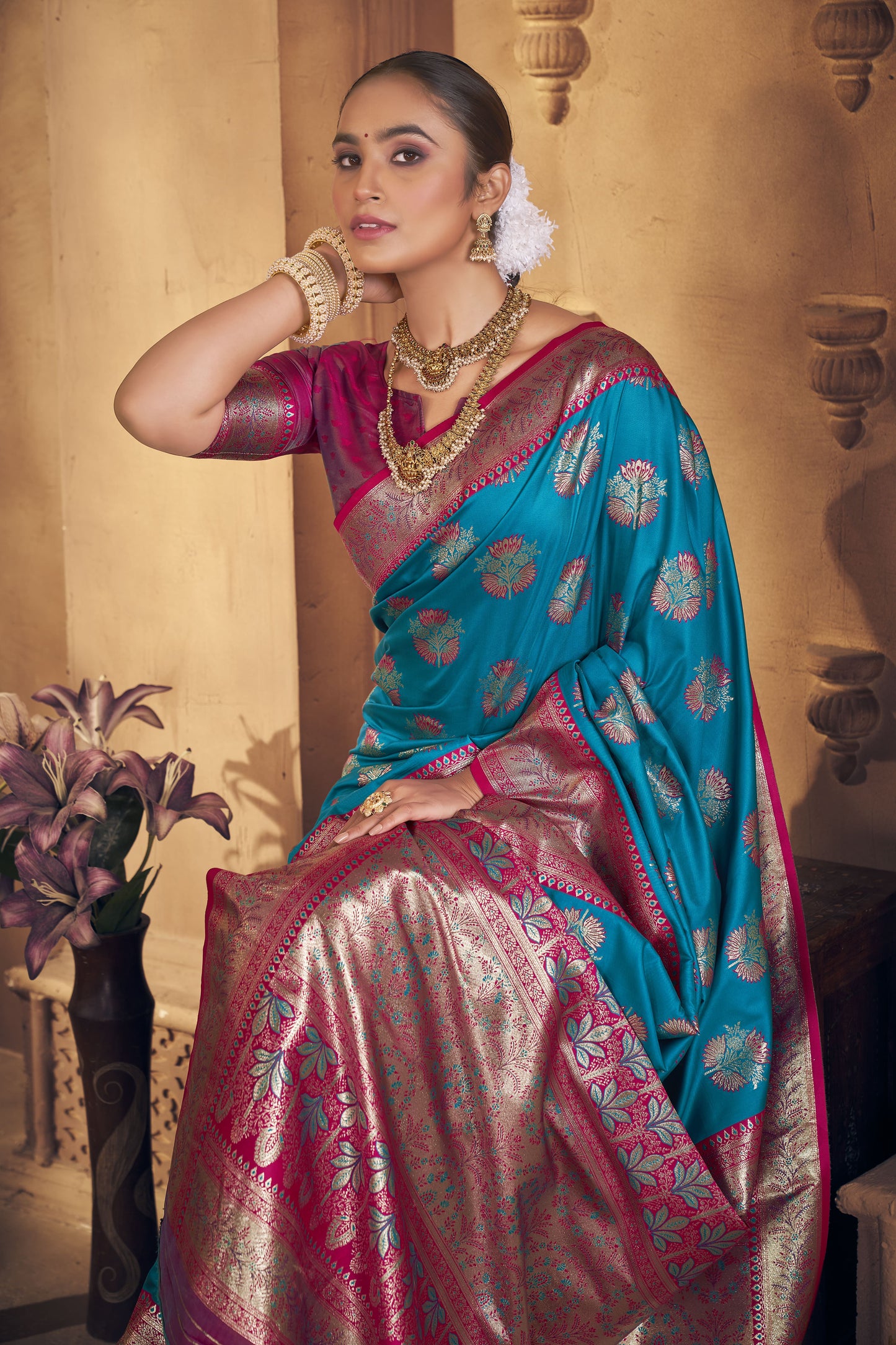 Teal Blue & Rani Pink Banarasi Silk Saree