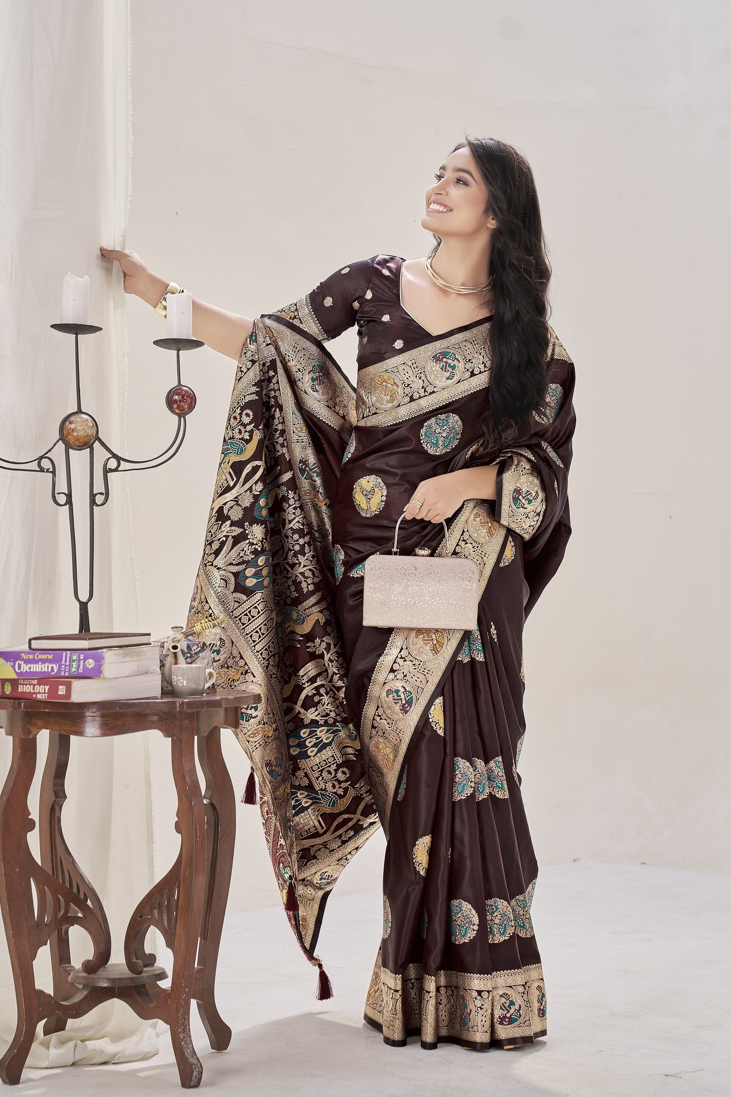 Maroon Satin Silk Saree with Multicolor Meenakari
