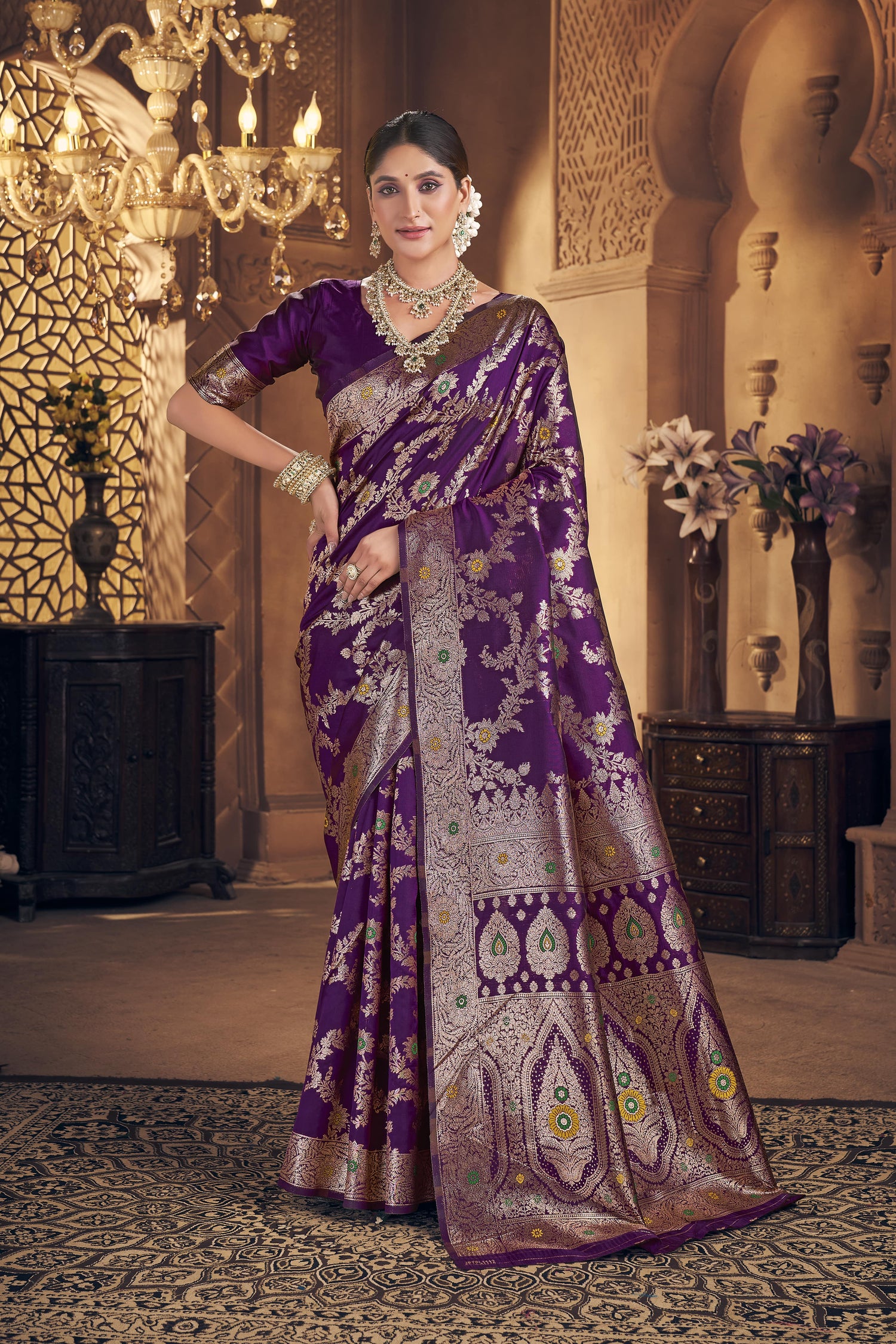 Royal Purple Banarasi Silk Saree with Antique Zari - VELIZAA