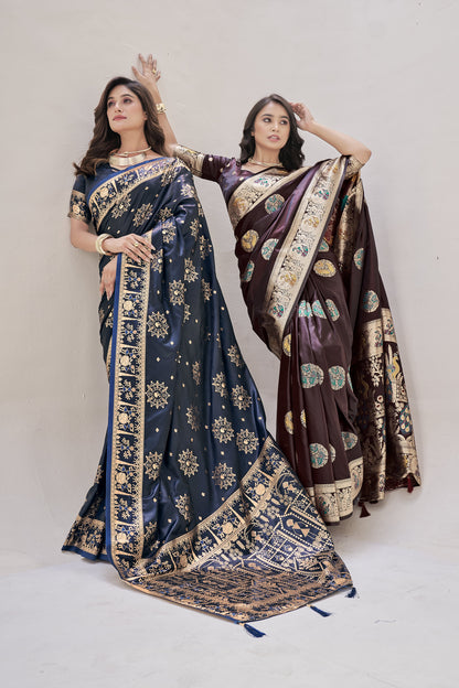 Maroon Satin Silk Saree with Multicolor Meenakari
