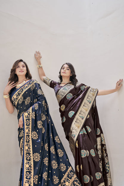 Maroon Satin Silk Saree with Multicolor Meenakari
