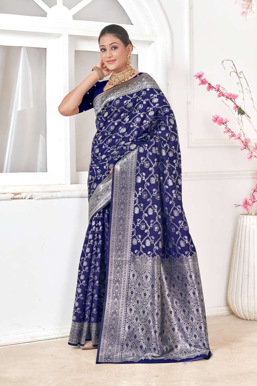 Navy Blue Banarasi Silk Saree