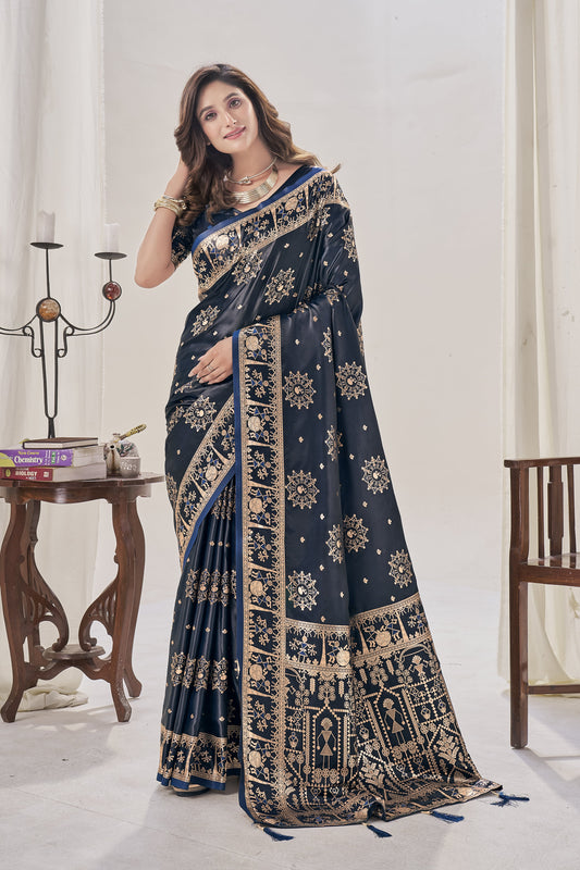 Midnight Blue Woven Satin Silk Saree