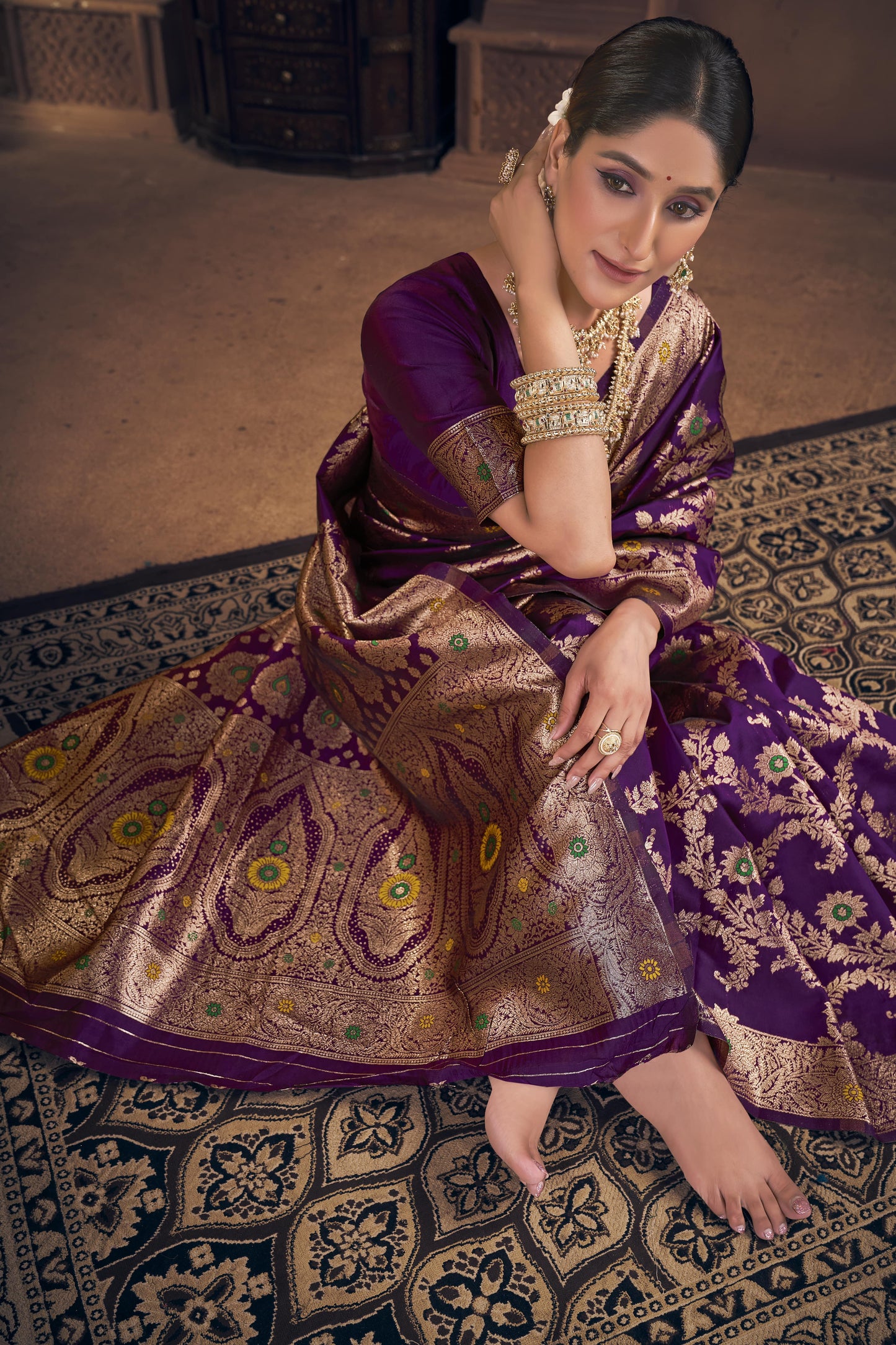 Royal Purple Banarasi Silk Saree with Antique Zari
