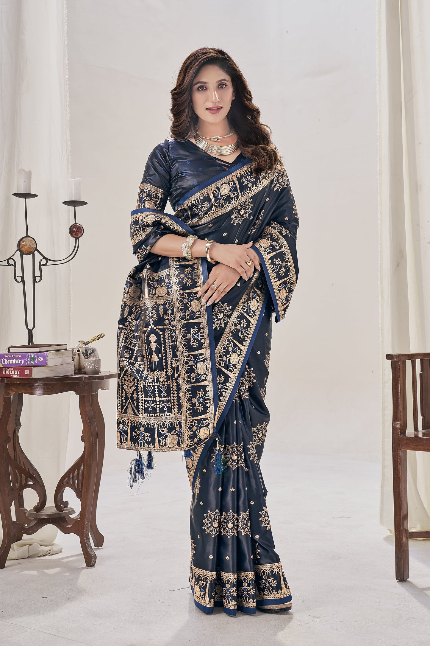 Midnight Blue Woven Satin Silk Saree
