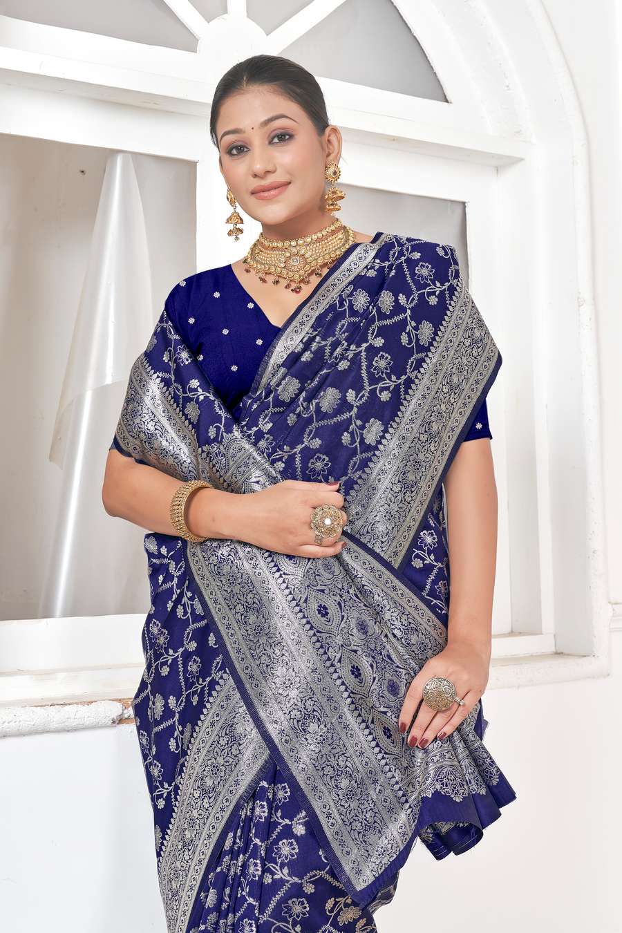Navy Blue Banarasi Silk Saree