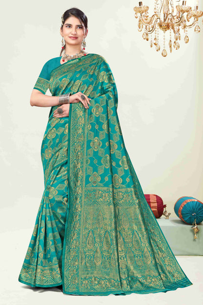 Royal Teal Golden Weave Banarasi Silk