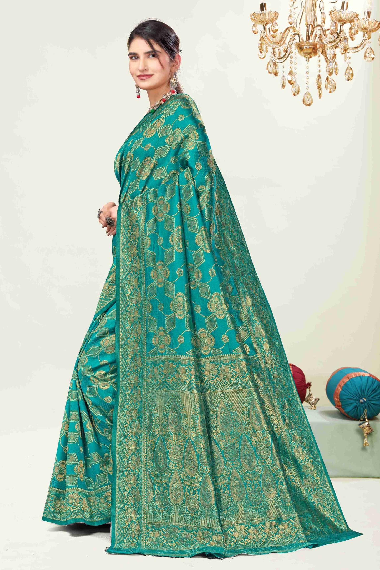 Royal Teal Golden Weave Banarasi Silk