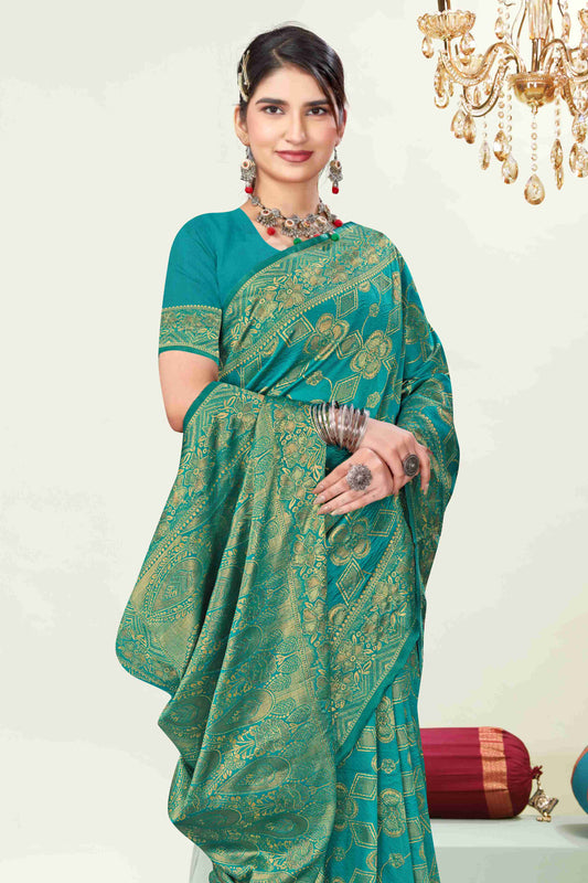 Royal Teal Golden Weave Banarasi Silk