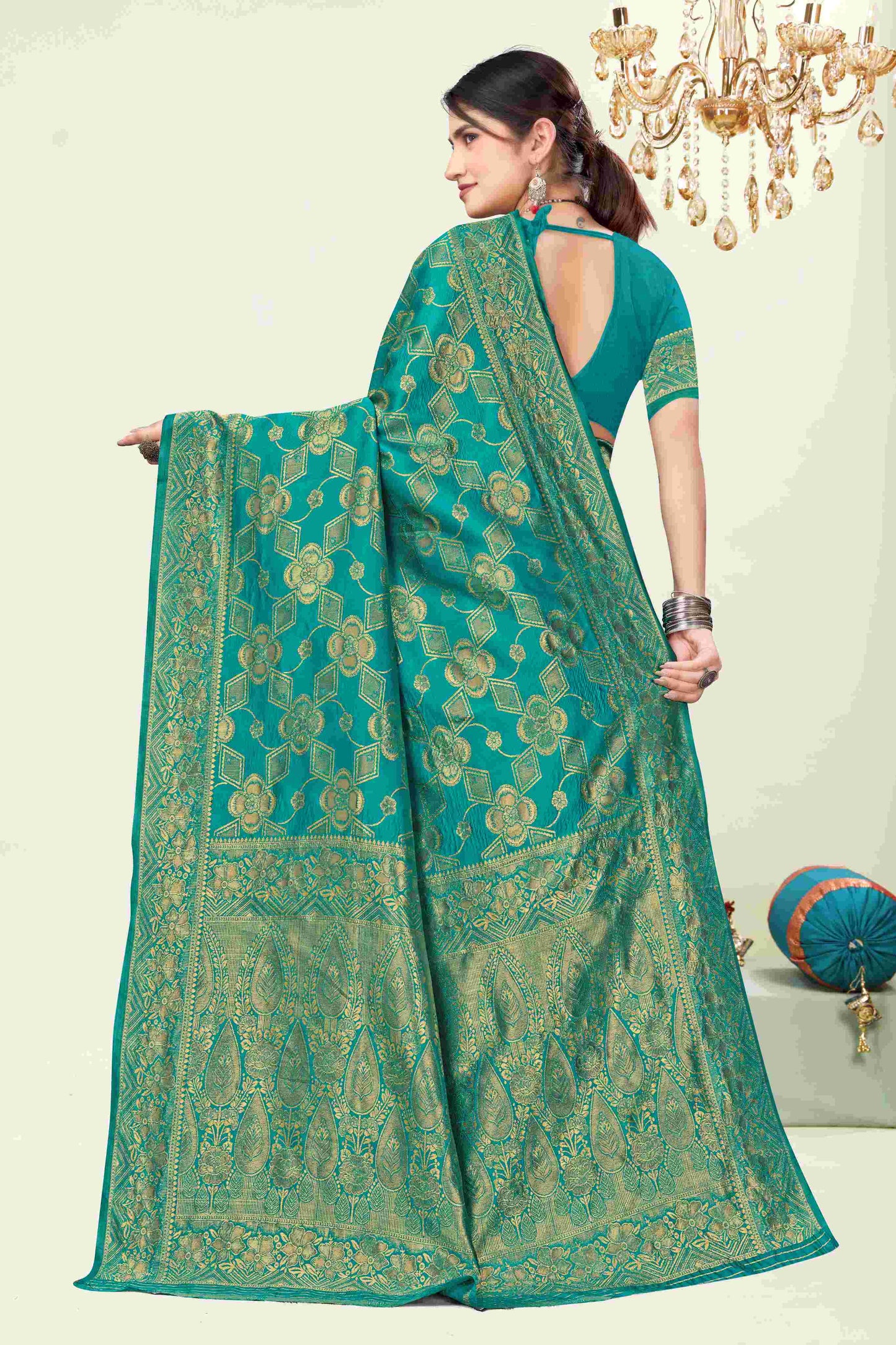 Royal Teal Golden Weave Banarasi Silk