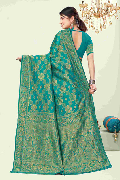 Royal Teal Golden Weave Banarasi Silk
