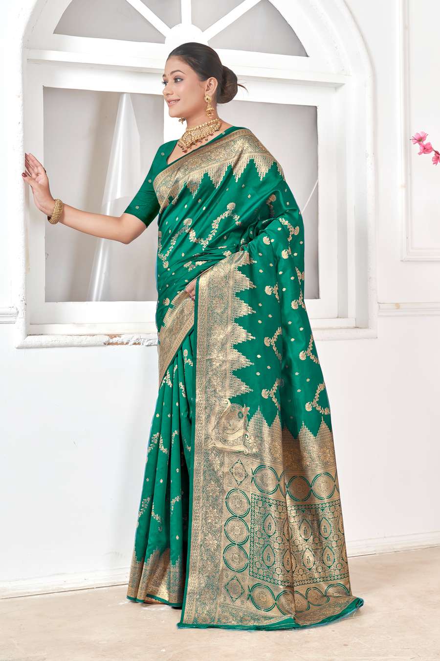 Emerald Green Gold Banarasi Silk Saree