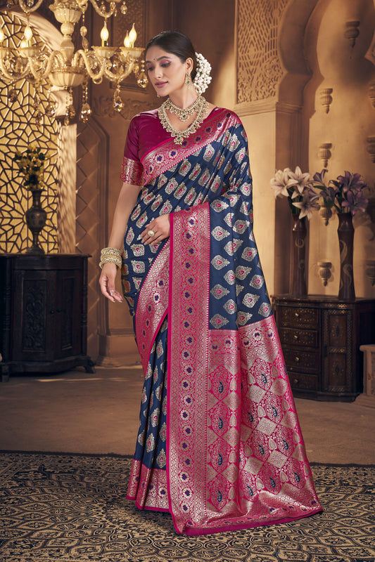 Navy & Rani Pink Banarasi Silk Saree