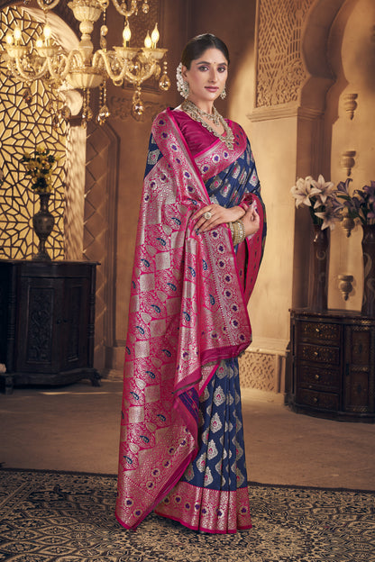 Navy & Rani Pink Banarasi Silk Saree