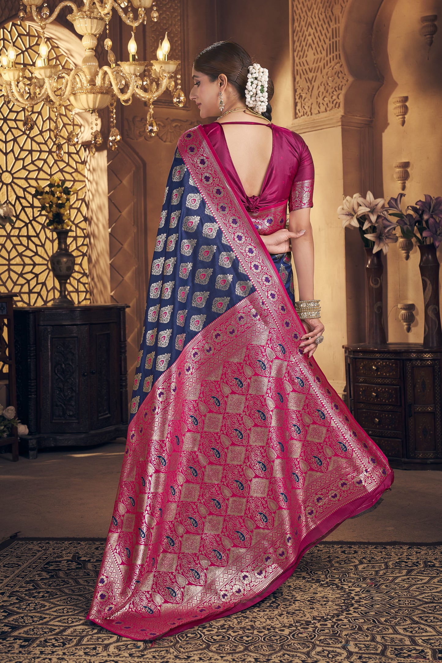 Navy & Rani Pink Banarasi Silk Saree