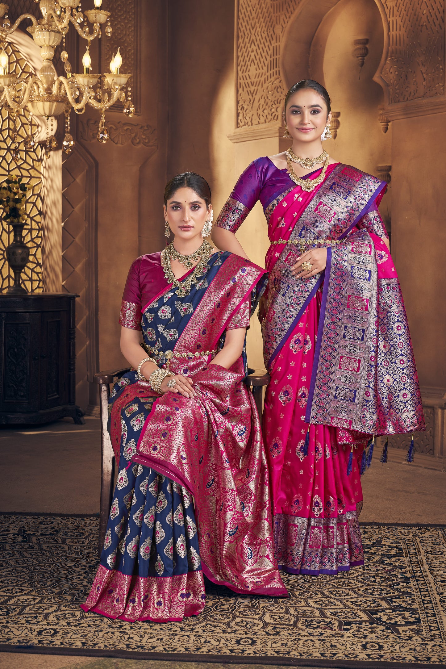 Navy & Rani Pink Banarasi Silk Saree