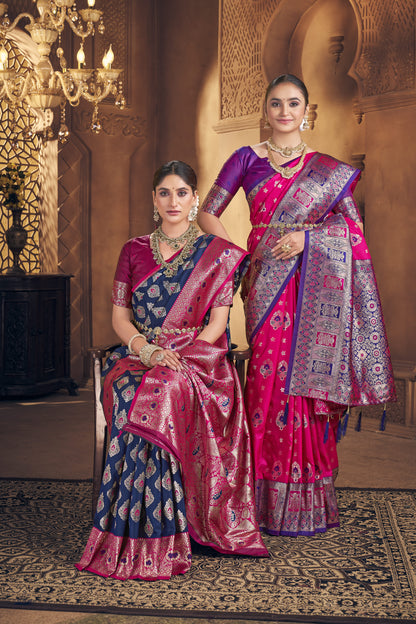 Navy & Rani Pink Banarasi Silk Saree
