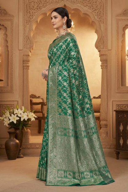 Emerald Dark Green Woven Banarasi Silk Saree