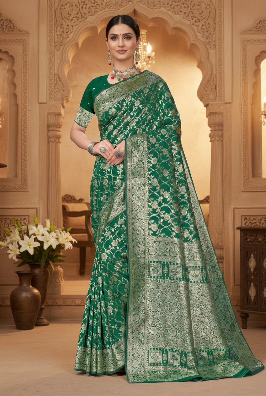 Emerald Dark Green Woven Banarasi Silk Saree