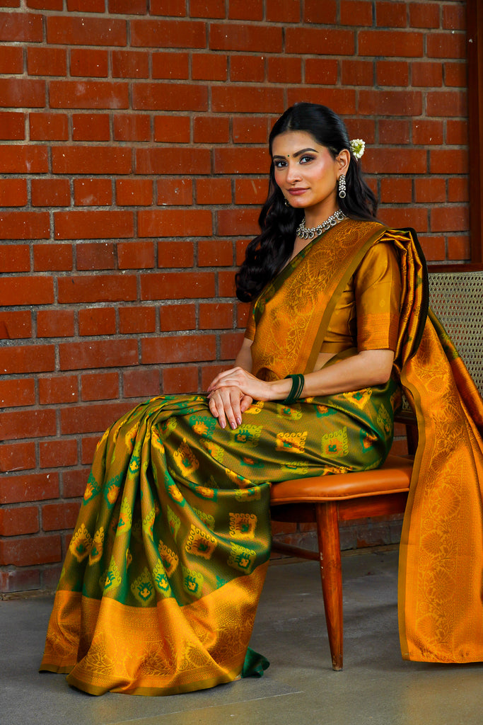 Olive Green & Mustard Kanjivaram Silk Saree