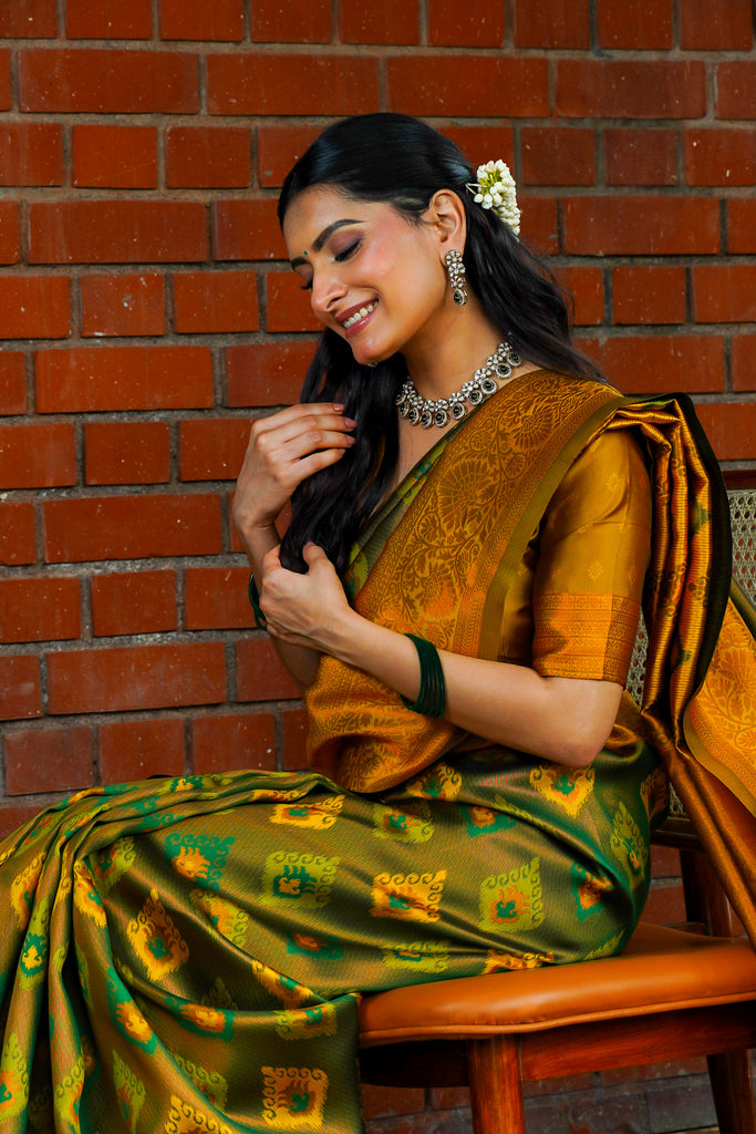 Olive Green & Mustard Kanjivaram Silk Saree