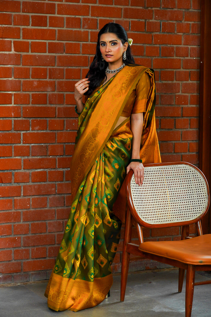 Olive Green & Mustard Kanjivaram Silk Saree
