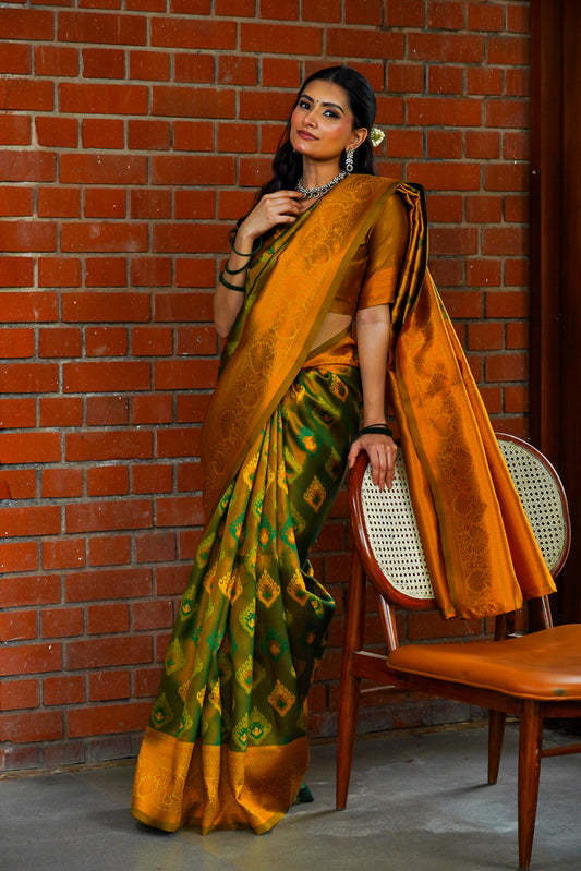 Olive Green & Mustard Kanjivaram Silk Saree