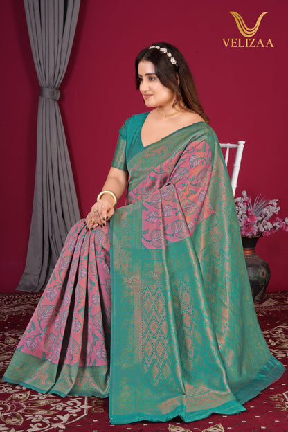 Pink & Green Soft Silk Kanjivaram Saree