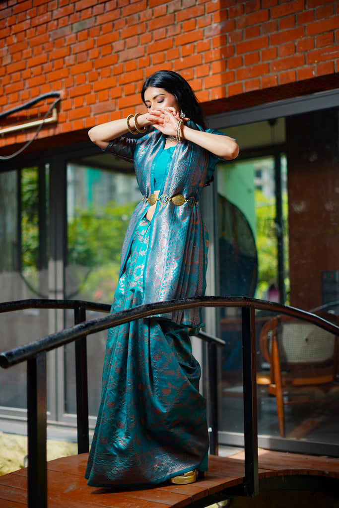 Teal Blue Banarasi Silk Saree with  Zari Work