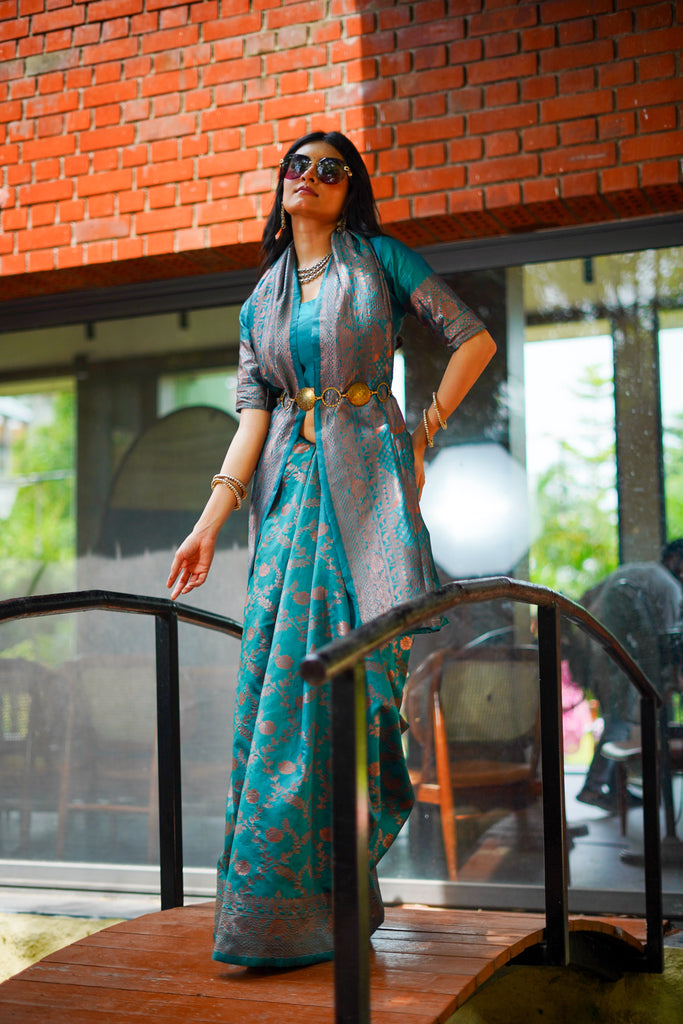 Teal Blue Banarasi Silk Saree with  Zari Work