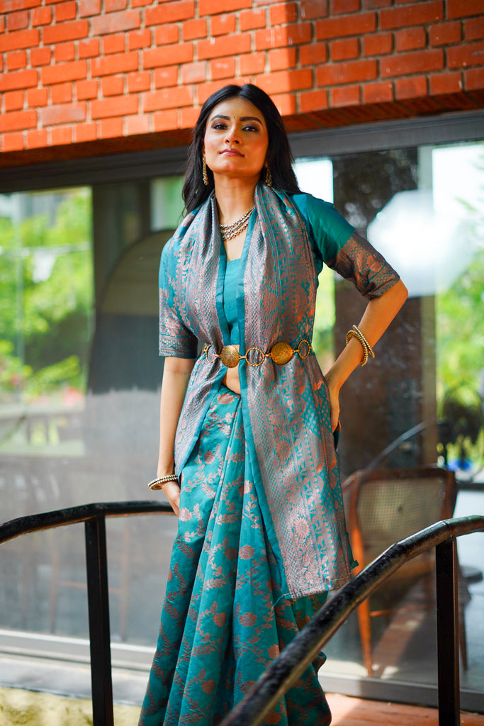 Teal Blue Banarasi Silk Saree with  Zari Work