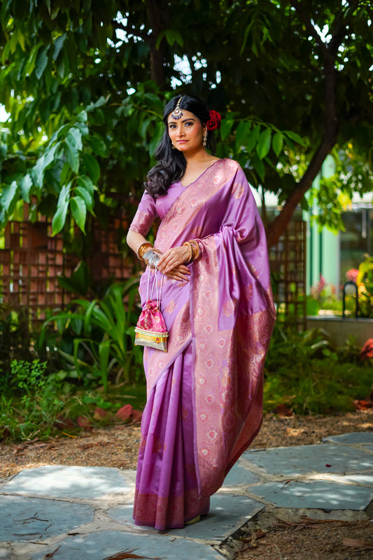 Lavender Purple with Rose Banarasi Silk Saree