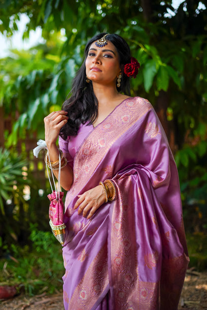 Lavender Purple with Rose Banarasi Silk Saree