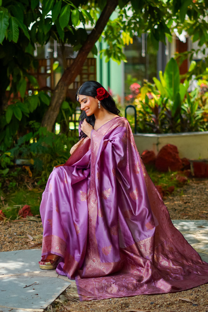 Lavender Purple with Rose Banarasi Silk Saree